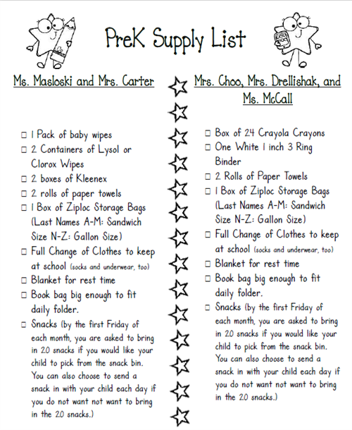 PreK supply list